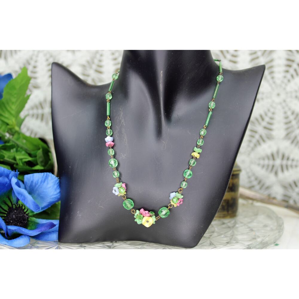 Art Deco Czech Uranium Multi-Color Glass Flower Glass Necklace